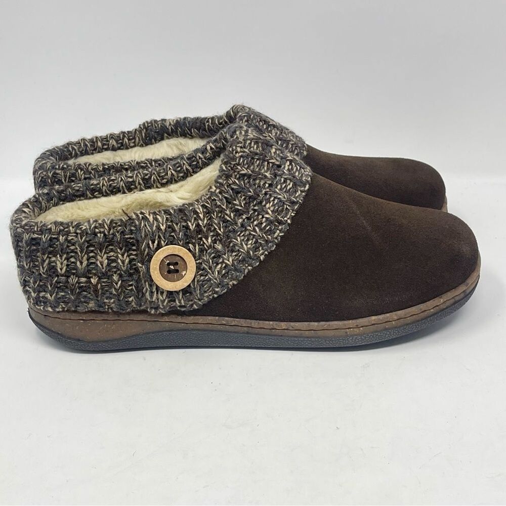 Clarks Knitted Collar Clogs Womens 10 M Brown Suede Faux Fur Lined Slip On Shoes